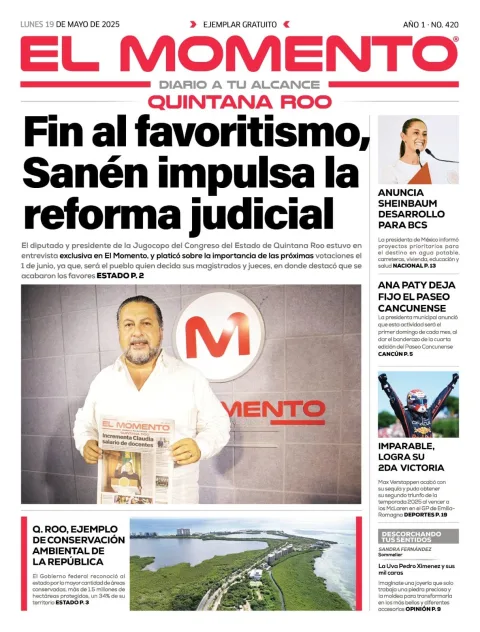 Portada de El Momento Quintana Roo del lunes, 19 de mayo de 2025
