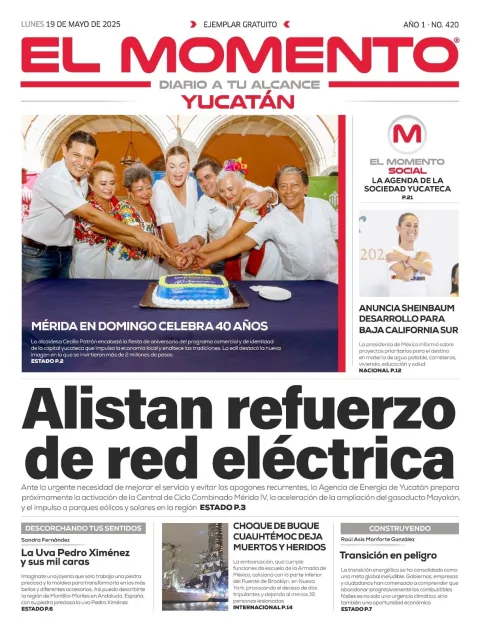 Portada de El Momento Yucatan del lunes, 19 de mayo de 2025