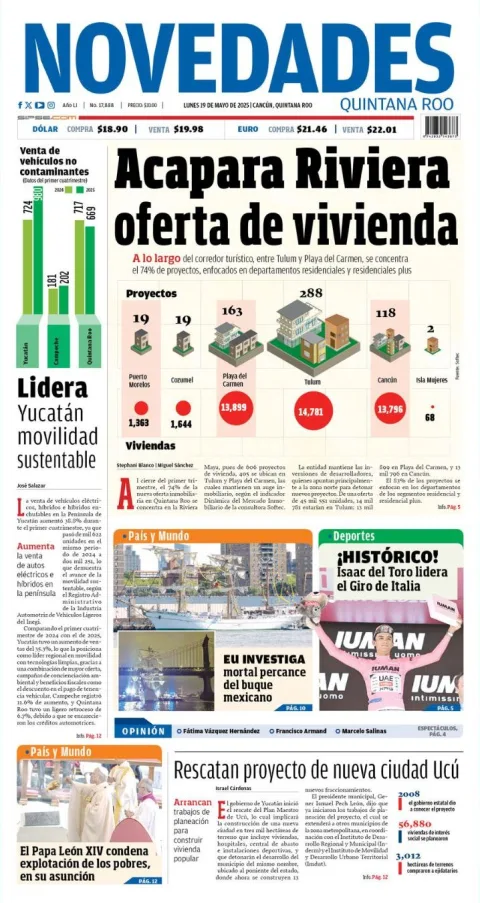 Portada de Novedades Quintana Roo del lunes, 19 de mayo de 2025