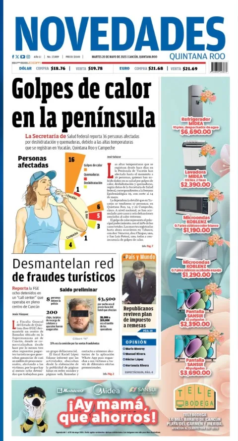 Portada de Novedades Quintana Roo del martes, 20 de mayo de 2025