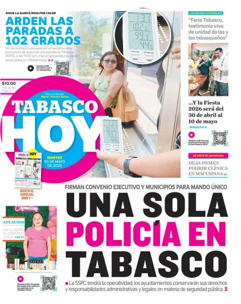 Portada de Tabasco Hoy del martes, 20 de mayo de 2025