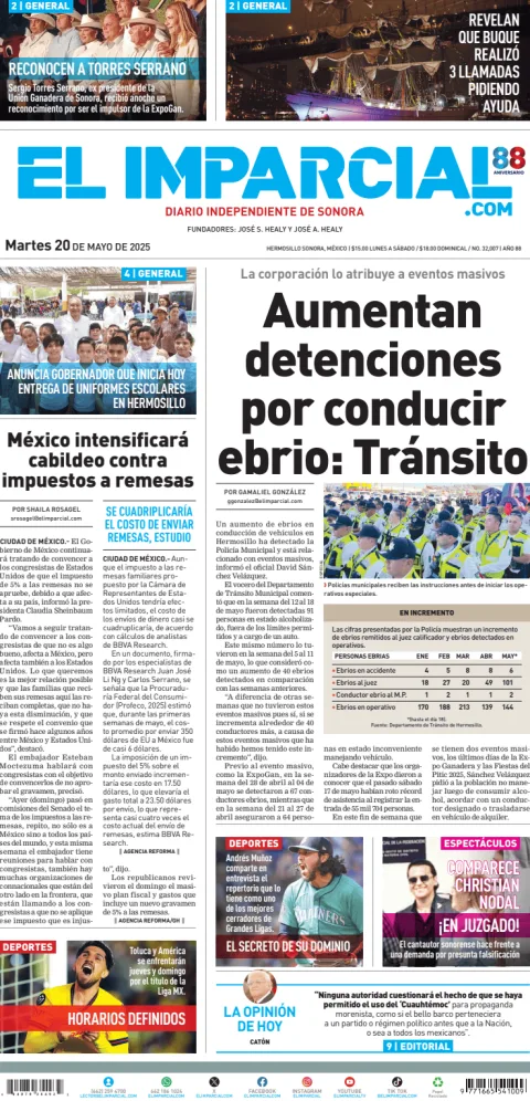 Portada de El Imparcial del martes, 20 de mayo de 2025