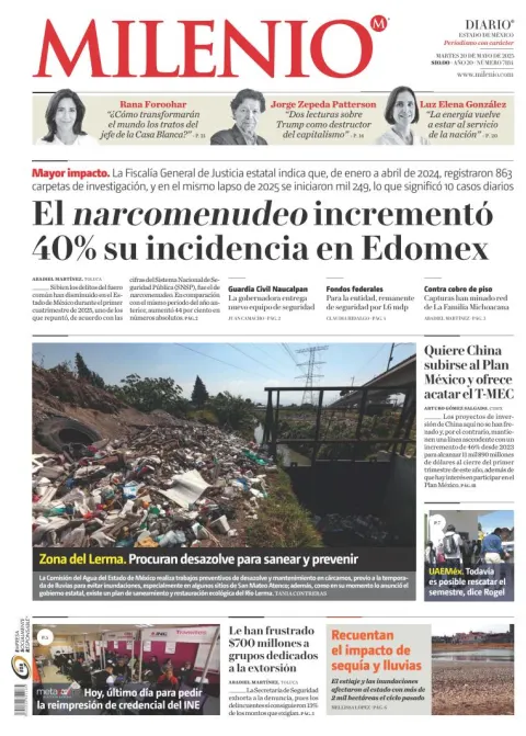 Portada de Milenio Edo de Mexico del martes, 20 de mayo de 2025