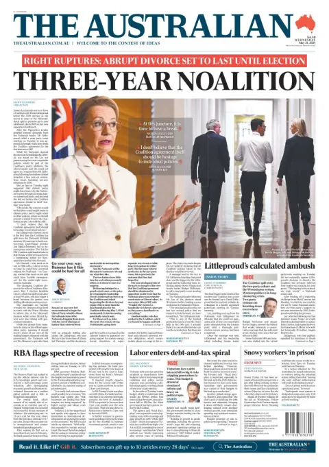 Portada de The Australian del miércoles, 21 de mayo de 2025