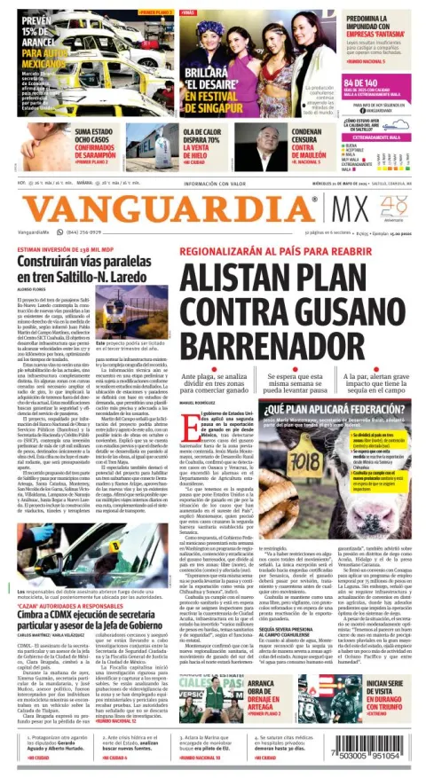 Portada de Vanguardia del miércoles, 21 de mayo de 2025