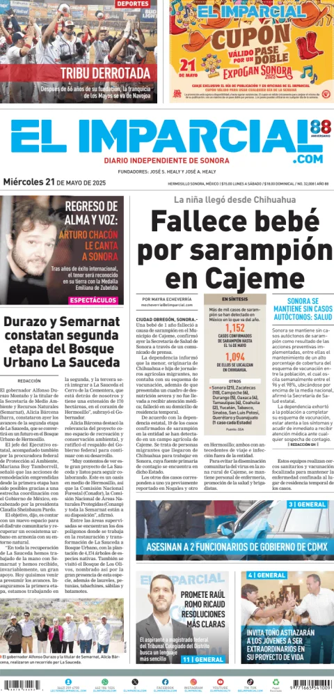 Portada de El Imparcial del miércoles, 21 de mayo de 2025