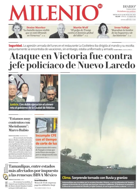 Portada de Milenio Tamaulipas del miércoles, 21 de mayo de 2025