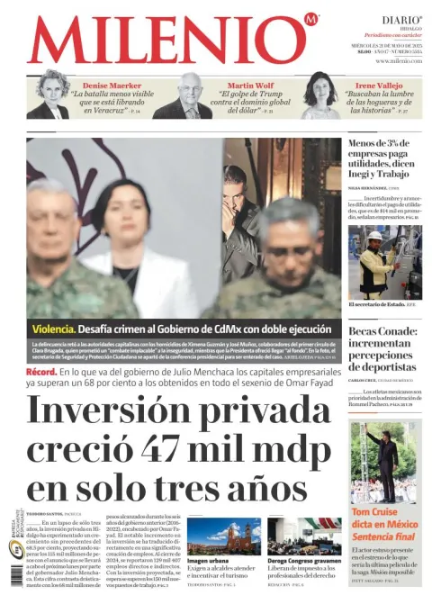 Portada de Milenio Hidalgo del miércoles, 21 de mayo de 2025