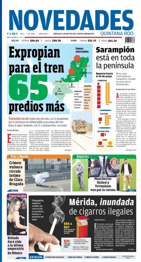 Portada de Novedades Quintana Roo del miércoles, 21 de mayo de 2025