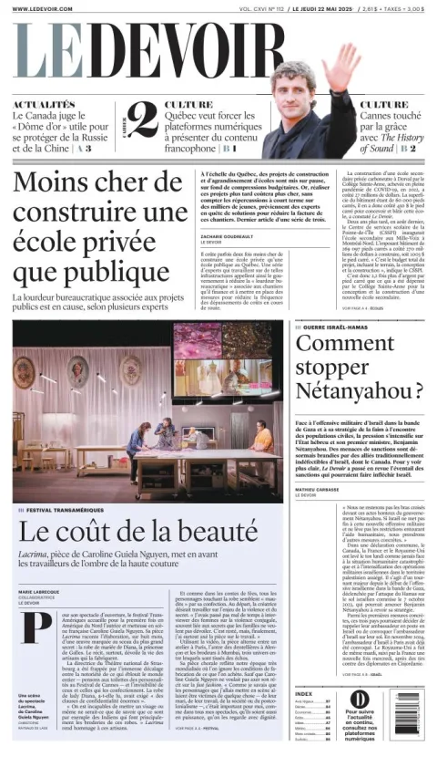 Portada de Le Devoir del jueves, 22 de mayo de 2025