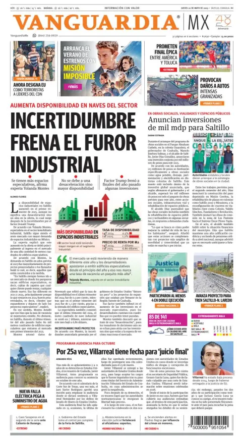 Portada de Vanguardia del jueves, 22 de mayo de 2025