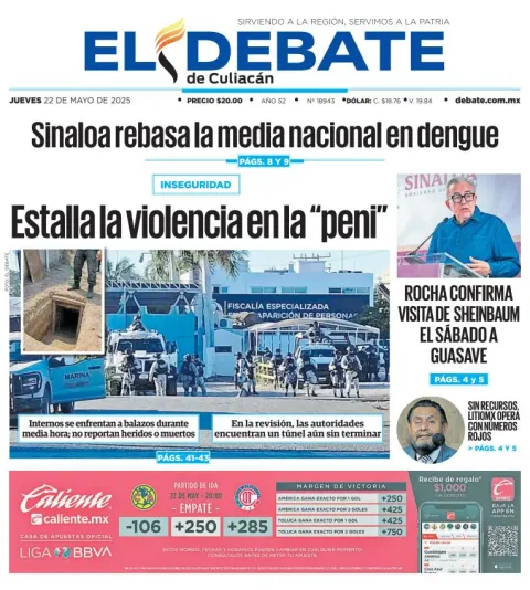 Portada de El Debate de Culiacan del jueves, 22 de mayo de 2025