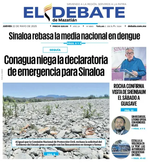 Portada de El Debate de Mazatlan del jueves, 22 de mayo de 2025