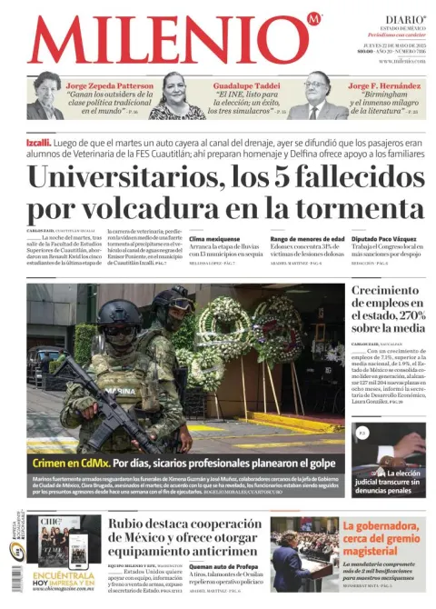 Portada de Milenio Edo de Mexico del jueves, 22 de mayo de 2025