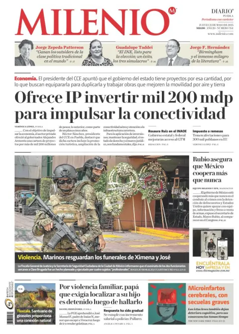 Portada de Milenio Puebla del jueves, 22 de mayo de 2025