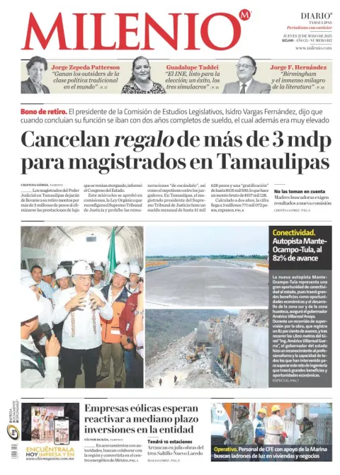 Portada de Milenio Tamaulipas del jueves, 22 de mayo de 2025