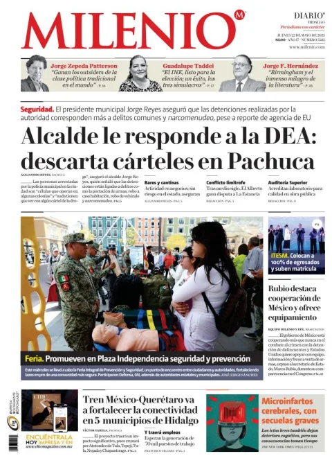 Portada de Milenio Hidalgo del jueves, 22 de mayo de 2025