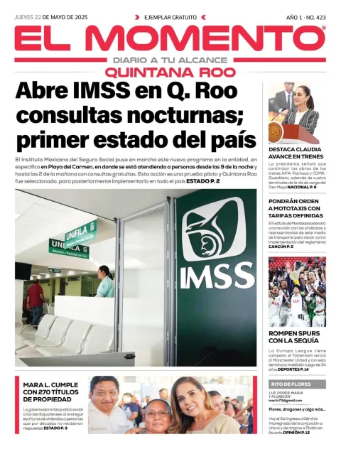 Portada de El Momento Quintana Roo del jueves, 22 de mayo de 2025