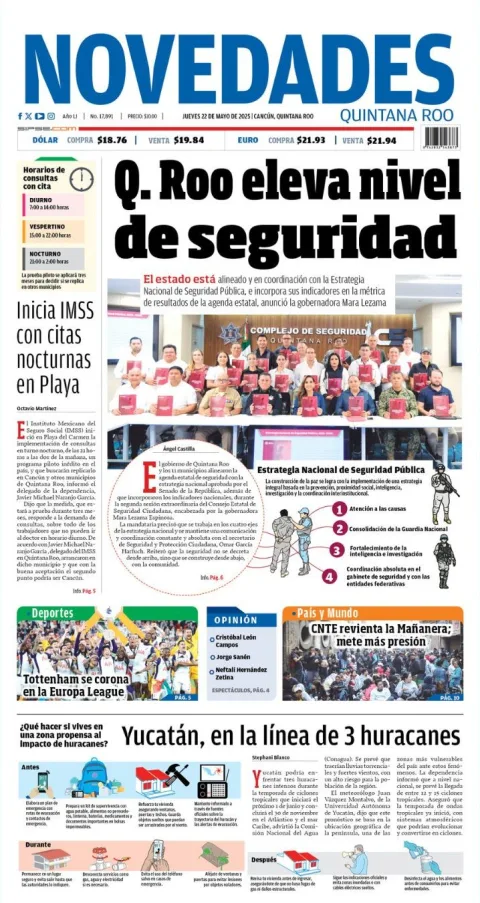 Portada de Novedades Quintana Roo del jueves, 22 de mayo de 2025