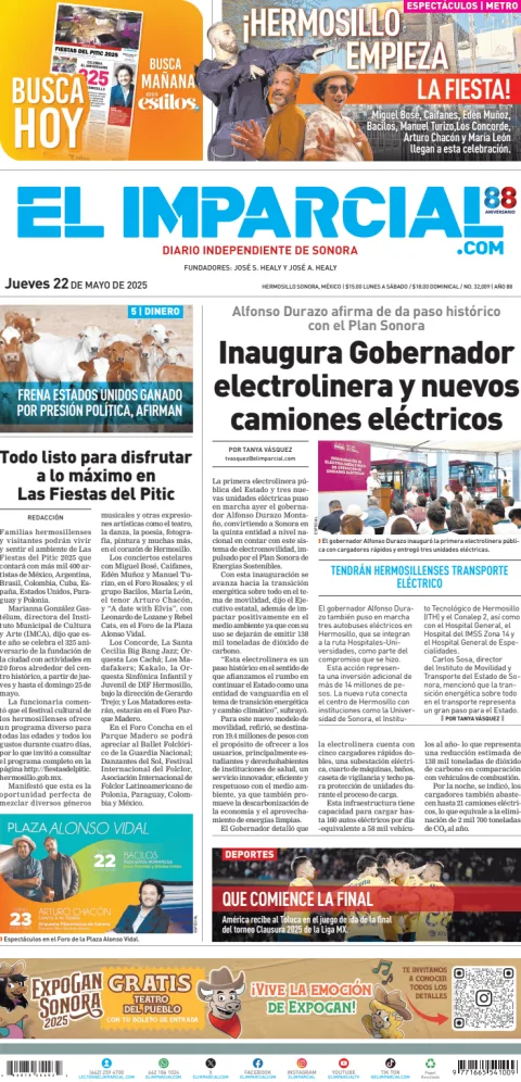 Portada de El Imparcial del jueves, 22 de mayo de 2025