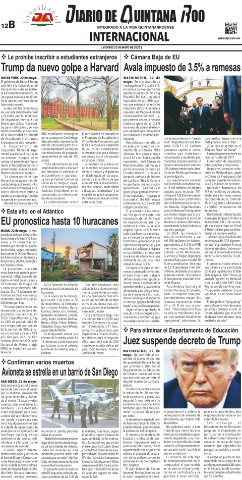 Portada de Diario de Quintana Roo (contra Portada)
