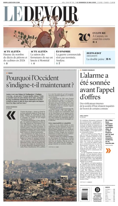 Portada de Le Devoir del viernes, 23 de mayo de 2025