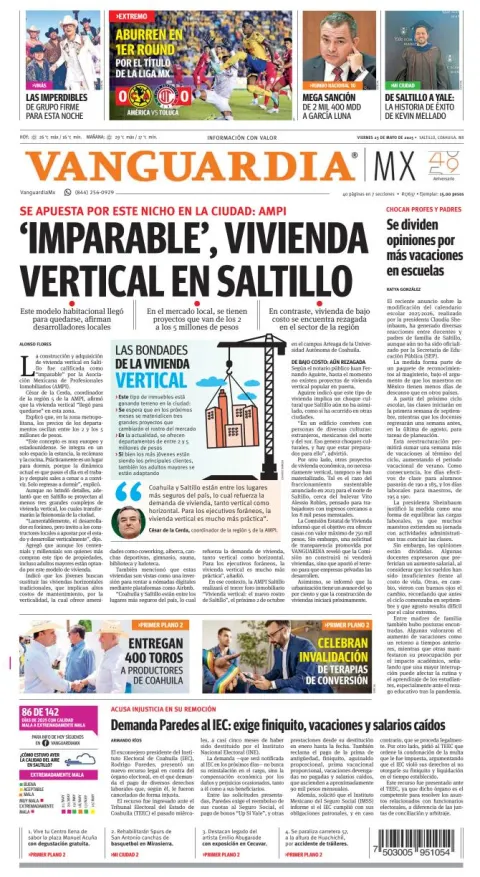 Portada de Vanguardia del viernes, 23 de mayo de 2025