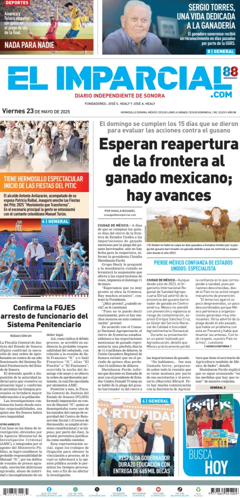 Portada de El Imparcial del viernes, 23 de mayo de 2025