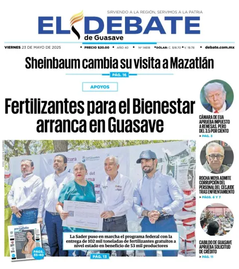 Portada de El Debate de Guasave del viernes, 23 de mayo de 2025