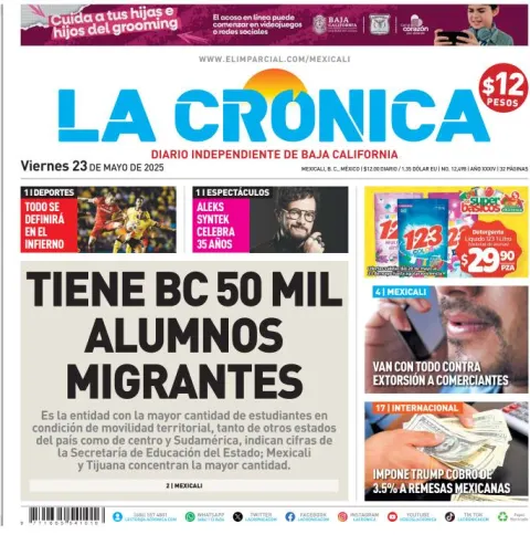 Portada de La Cronica del viernes, 23 de mayo de 2025