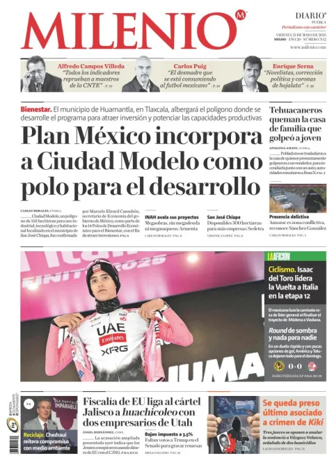 Portada de Milenio Puebla del viernes, 23 de mayo de 2025