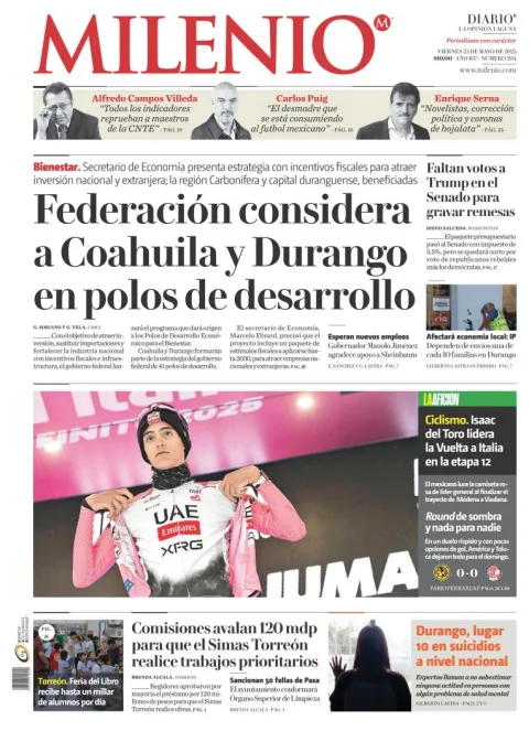Portada de Milenio Laguna del viernes, 23 de mayo de 2025