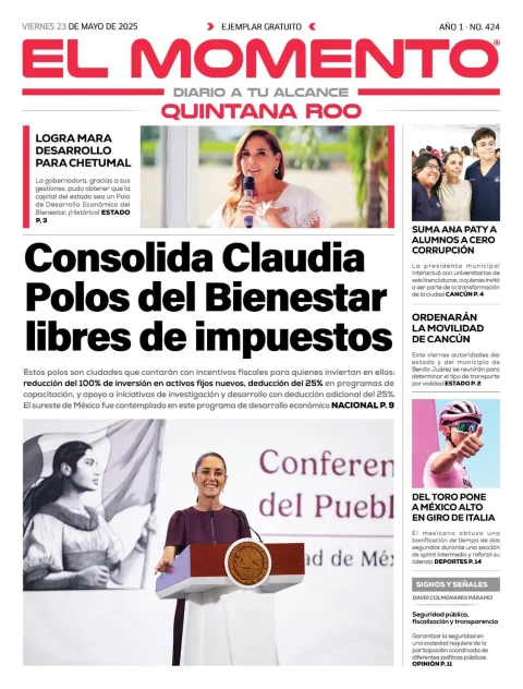 Portada de El Momento Quintana Roo del viernes, 23 de mayo de 2025