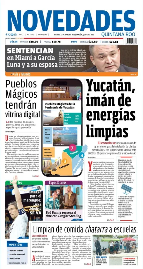 Portada de Novedades Quintana Roo del viernes, 23 de mayo de 2025