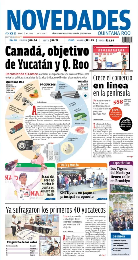 Portada de Novedades Quintana Roo del sábado, 24 de mayo de 2025