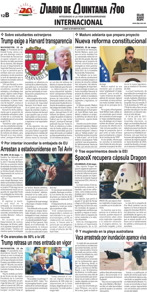 Portada de Diario de Quintana Roo (contra Portada)