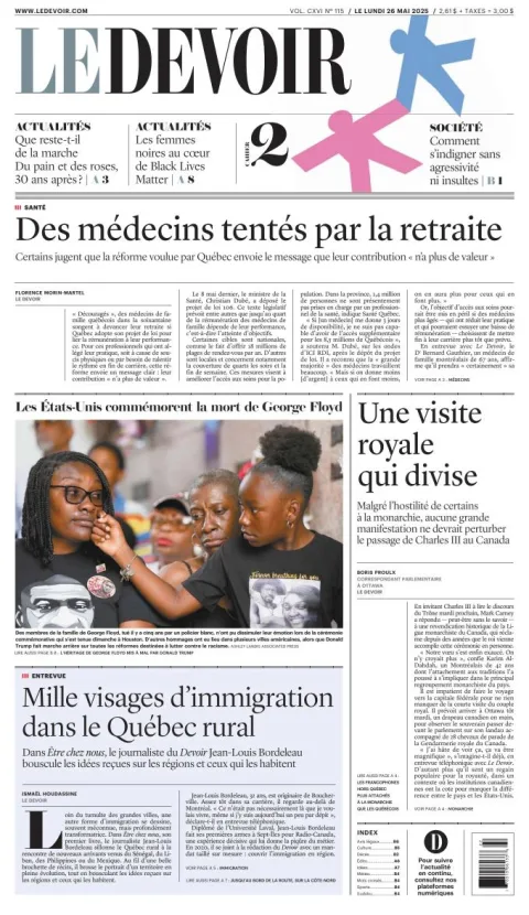 Portada de Le Devoir del lunes, 26 de mayo de 2025