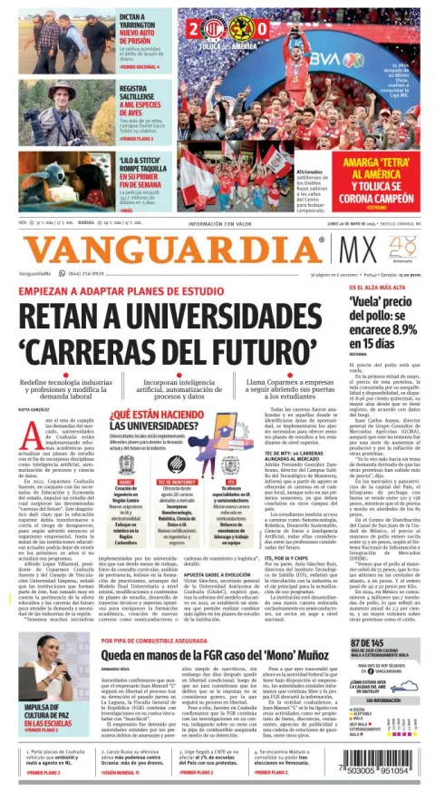Portada de Vanguardia del lunes, 26 de mayo de 2025
