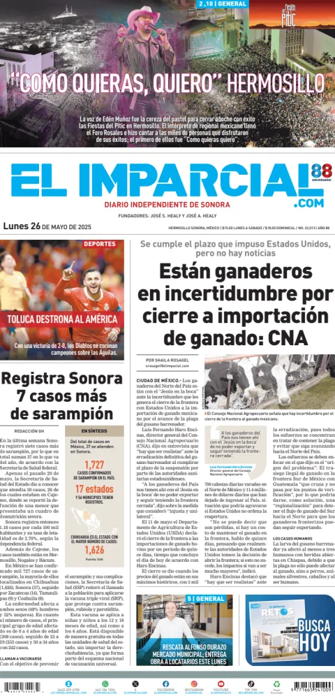 Portada de El Imparcial del lunes, 26 de mayo de 2025