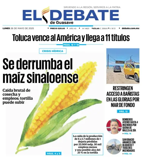 Portada de El Debate de Guasave del lunes, 26 de mayo de 2025