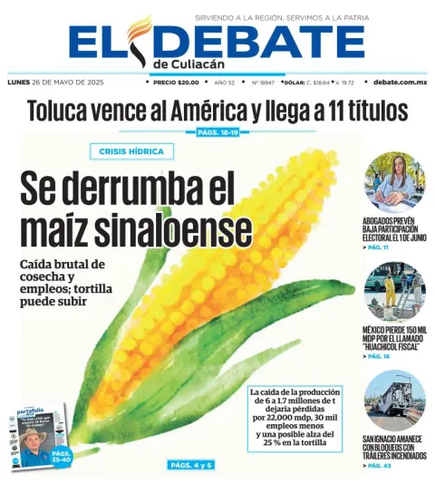Portada de El Debate de Culiacan del lunes, 26 de mayo de 2025