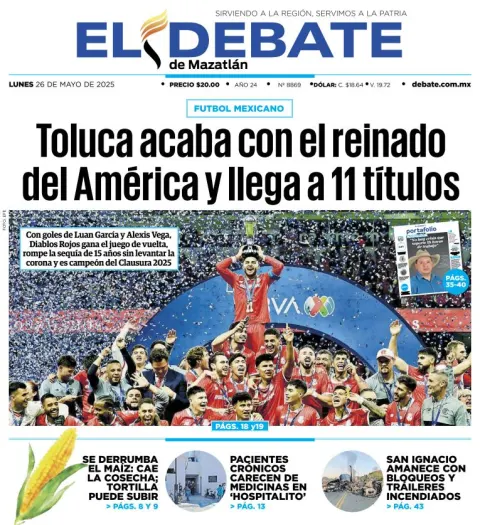 Portada de El Debate de Mazatlan del lunes, 26 de mayo de 2025
