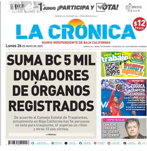 Portada de La Cronica del lunes, 26 de mayo de 2025