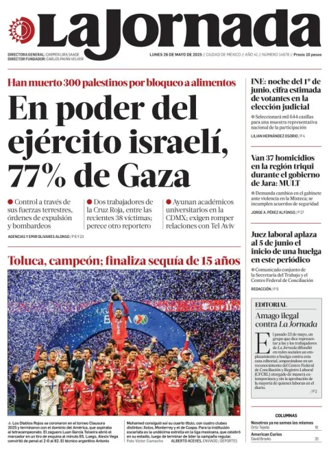 Portada de La Jornada del lunes, 26 de mayo de 2025