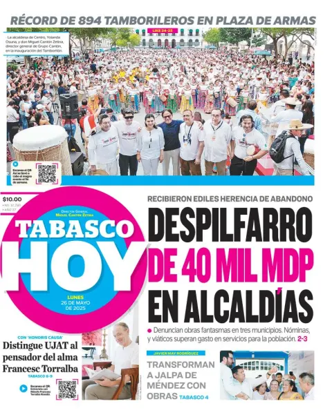 Portada de Tabasco Hoy del lunes, 26 de mayo de 2025