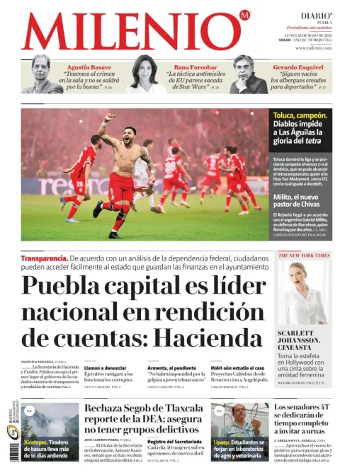 Portada de Milenio Puebla del lunes, 26 de mayo de 2025