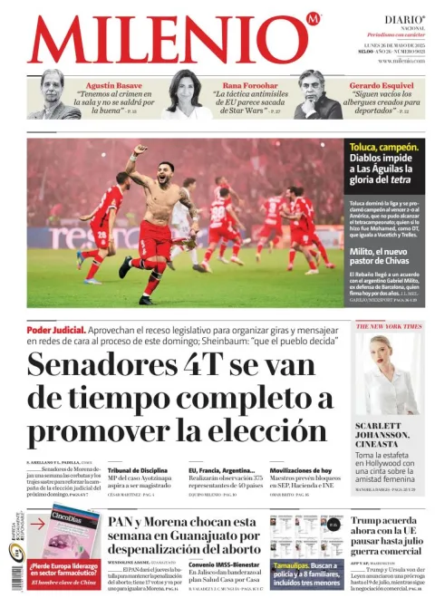 Portada de Milenio del lunes, 26 de mayo de 2025