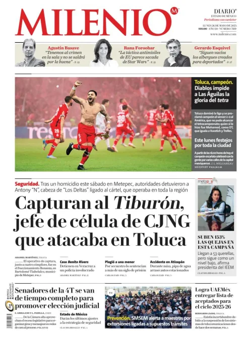 Portada de Milenio Edo de Mexico del lunes, 26 de mayo de 2025