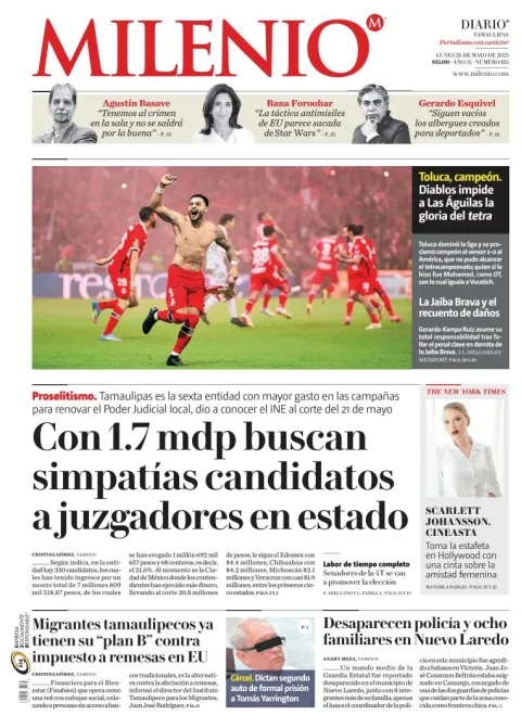 Portada de Milenio Tamaulipas del lunes, 26 de mayo de 2025