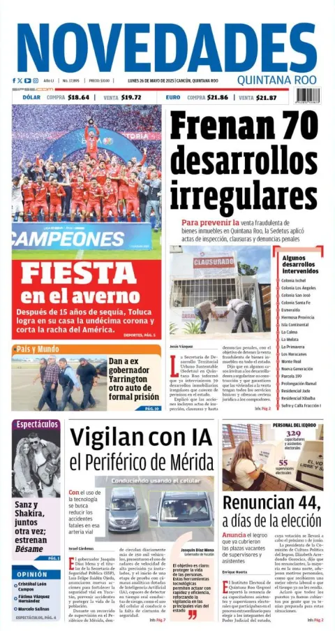 Portada de Novedades Quintana Roo del lunes, 26 de mayo de 2025